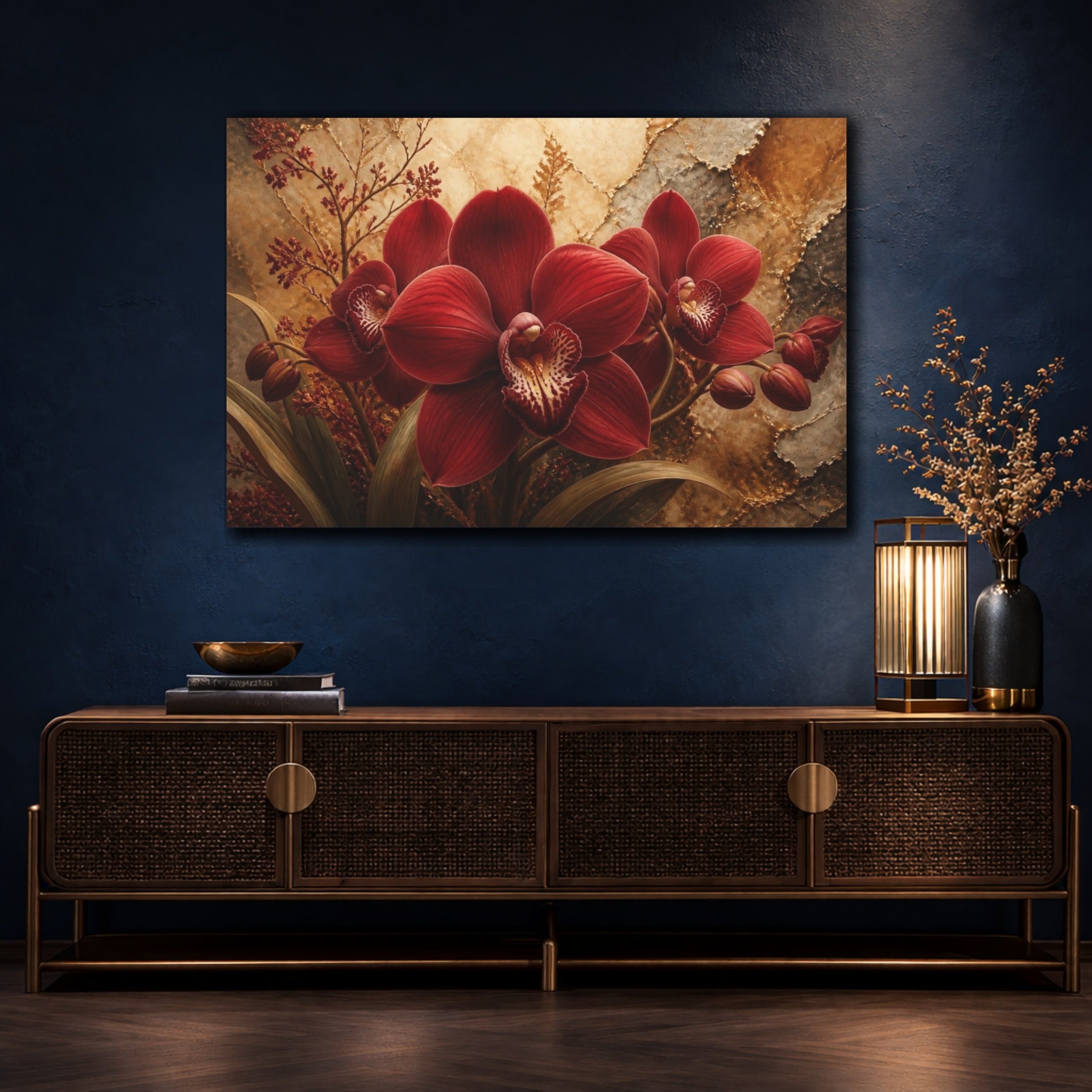 Mockup 4. Floral Crimson Orchid shown as canvas print