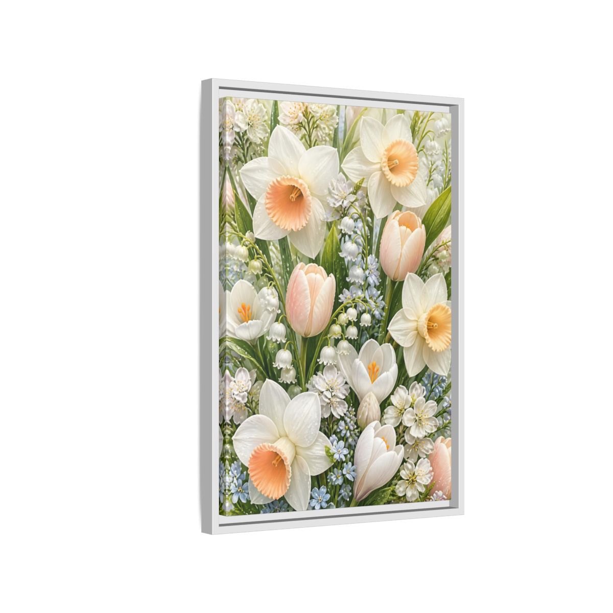 Side Mockup 1. Floral Daffodil Bouquet shown as framed canvas print