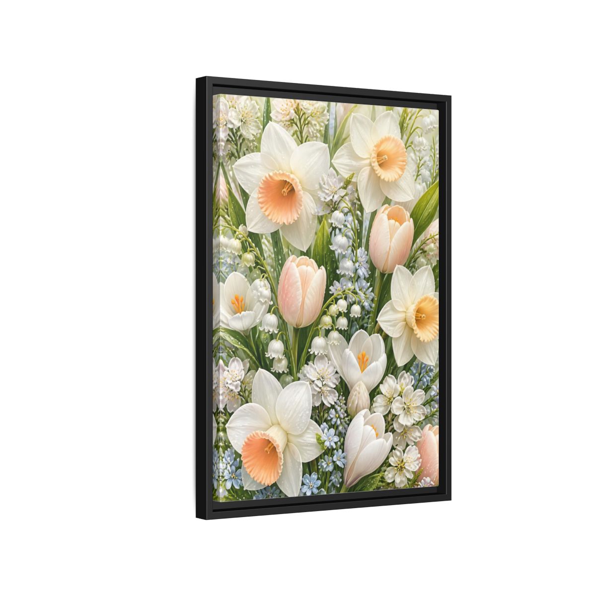 Side Mockup 3. Floral Daffodil Bouquet shown as framed canvas print