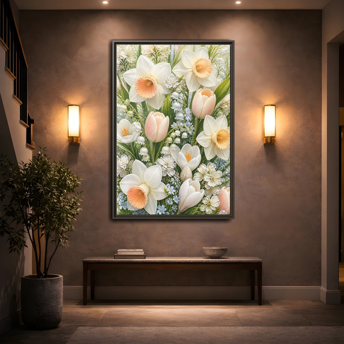 Mockup 2. Floral Daffodil Bouquet shown as framed canvas print