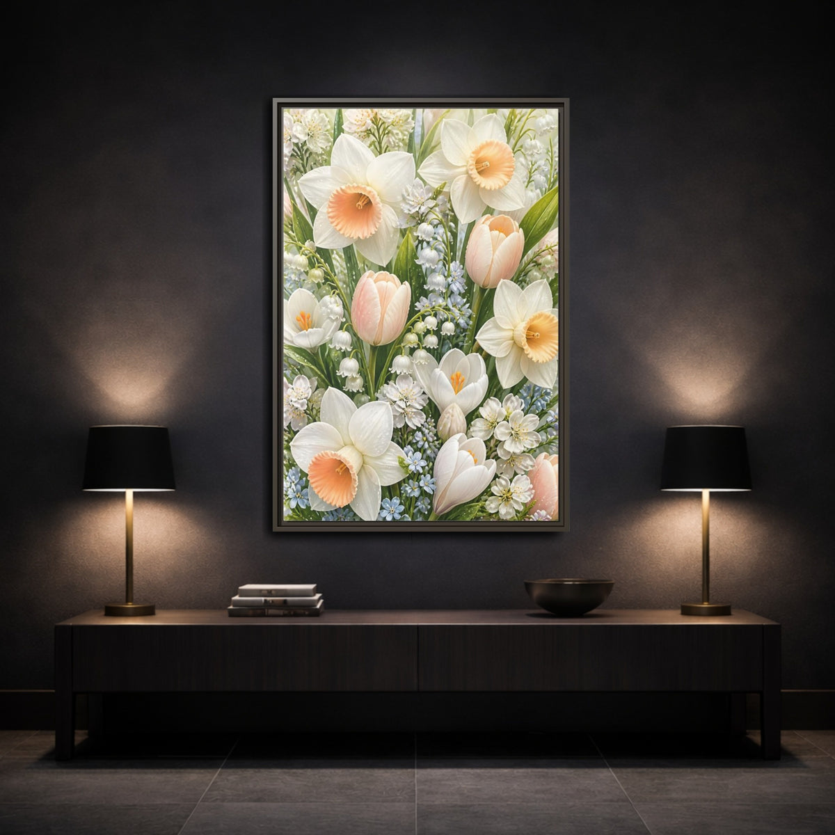 Mockup 3. Floral Daffodil Bouquet shown as framed canvas print