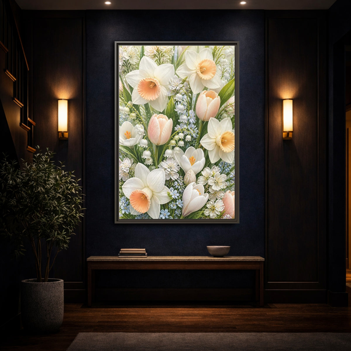 Mockup 4. Floral Daffodil Bouquet shown as framed canvas print