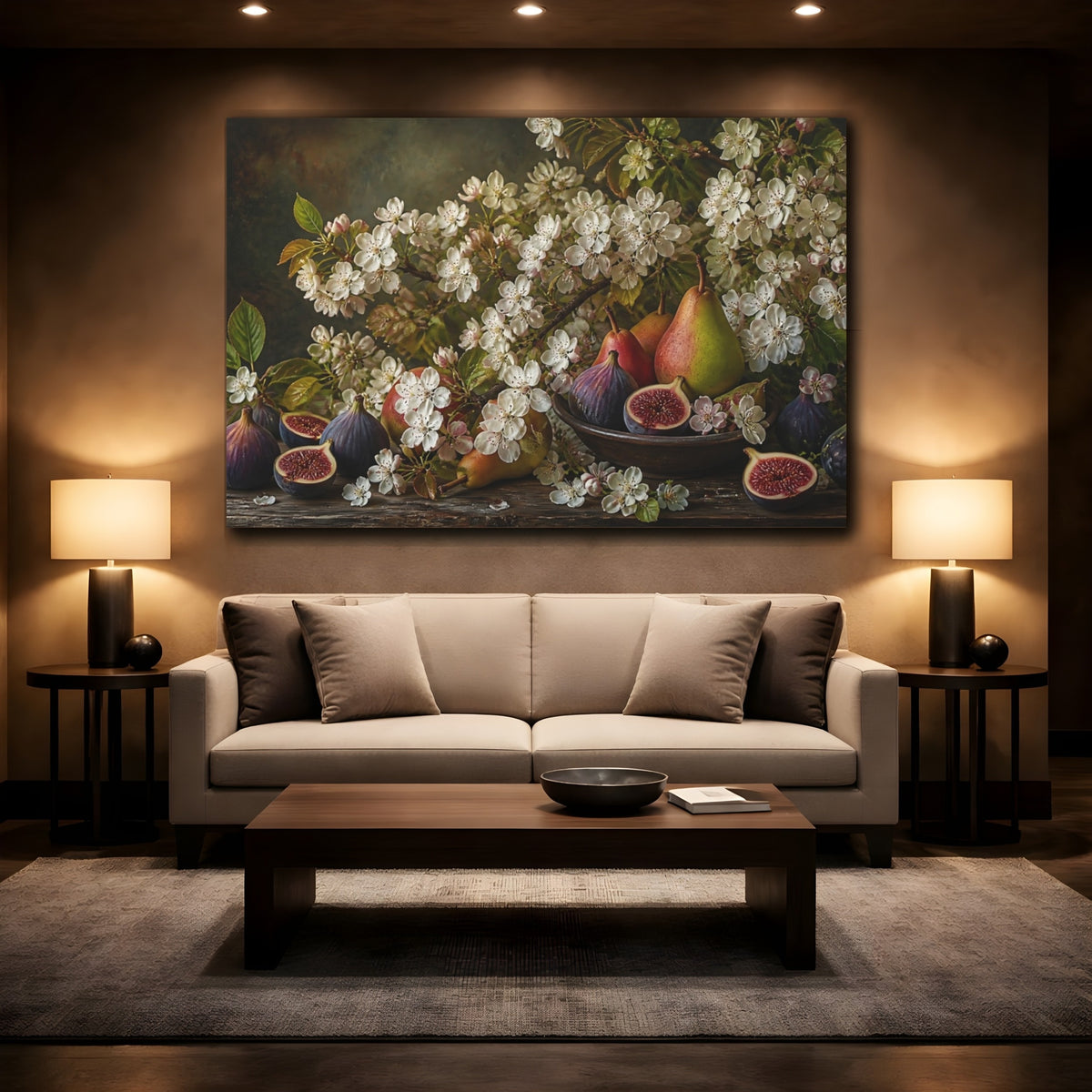 Mockup 2. Floral Figs And Pears shown as canvas print