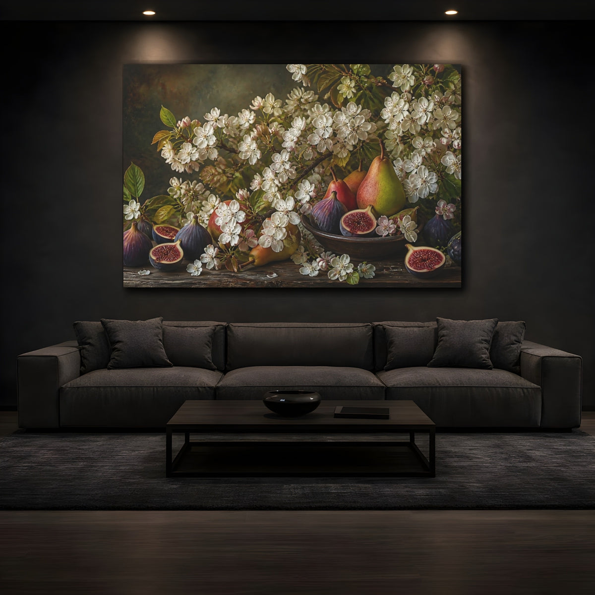 Mockup 3. Floral Figs And Pears shown as canvas print