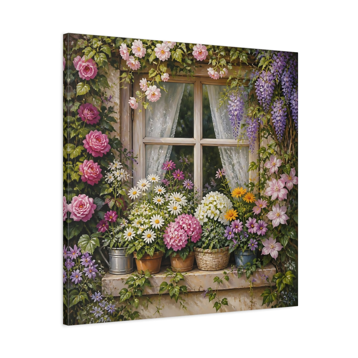 Side Mockup 3. Floral Garden Window shown as canvas print