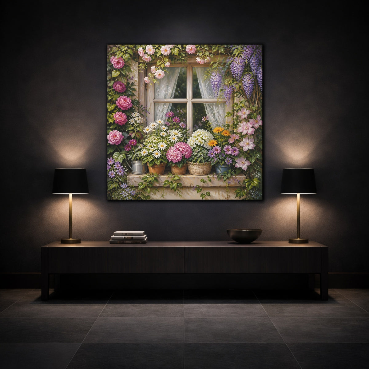 Mockup 3. Floral Garden Window shown as canvas print