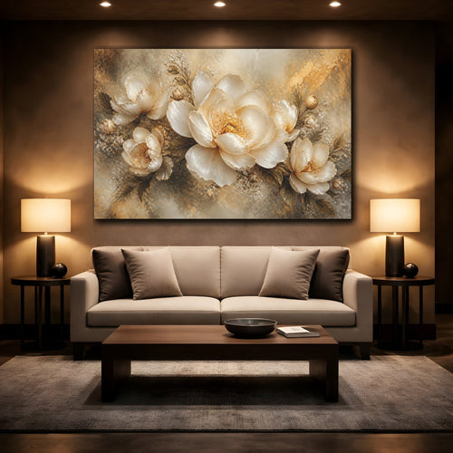 Mockup 2. Floral Golden Peony Bloom shown as canvas print