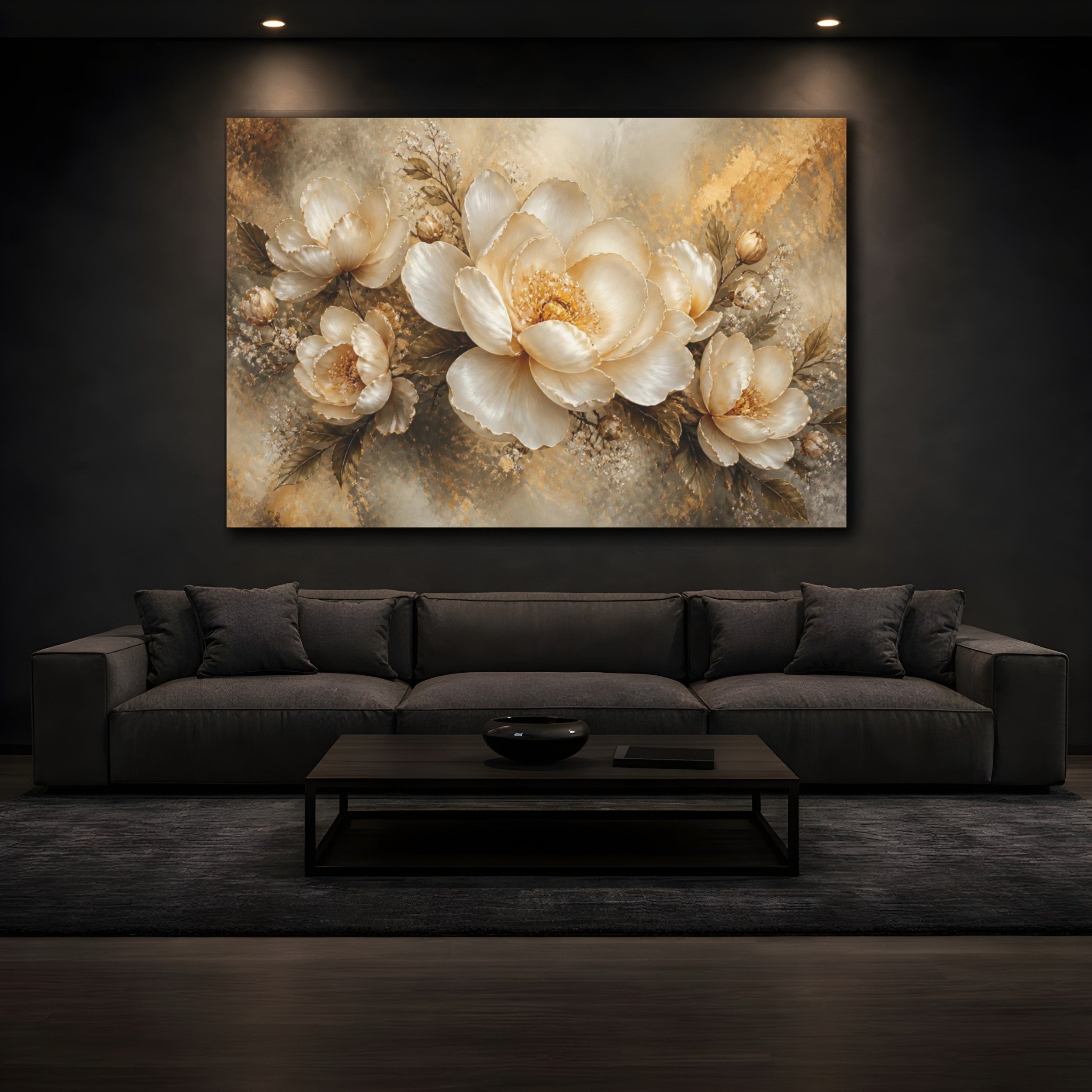 Mockup 3. Floral Golden Peony Bloom shown as canvas print