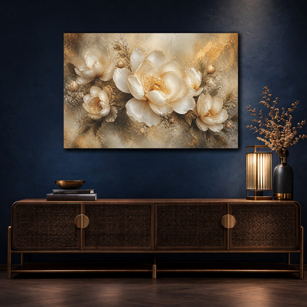 Mockup 4. Floral Golden Peony Bloom shown as canvas print