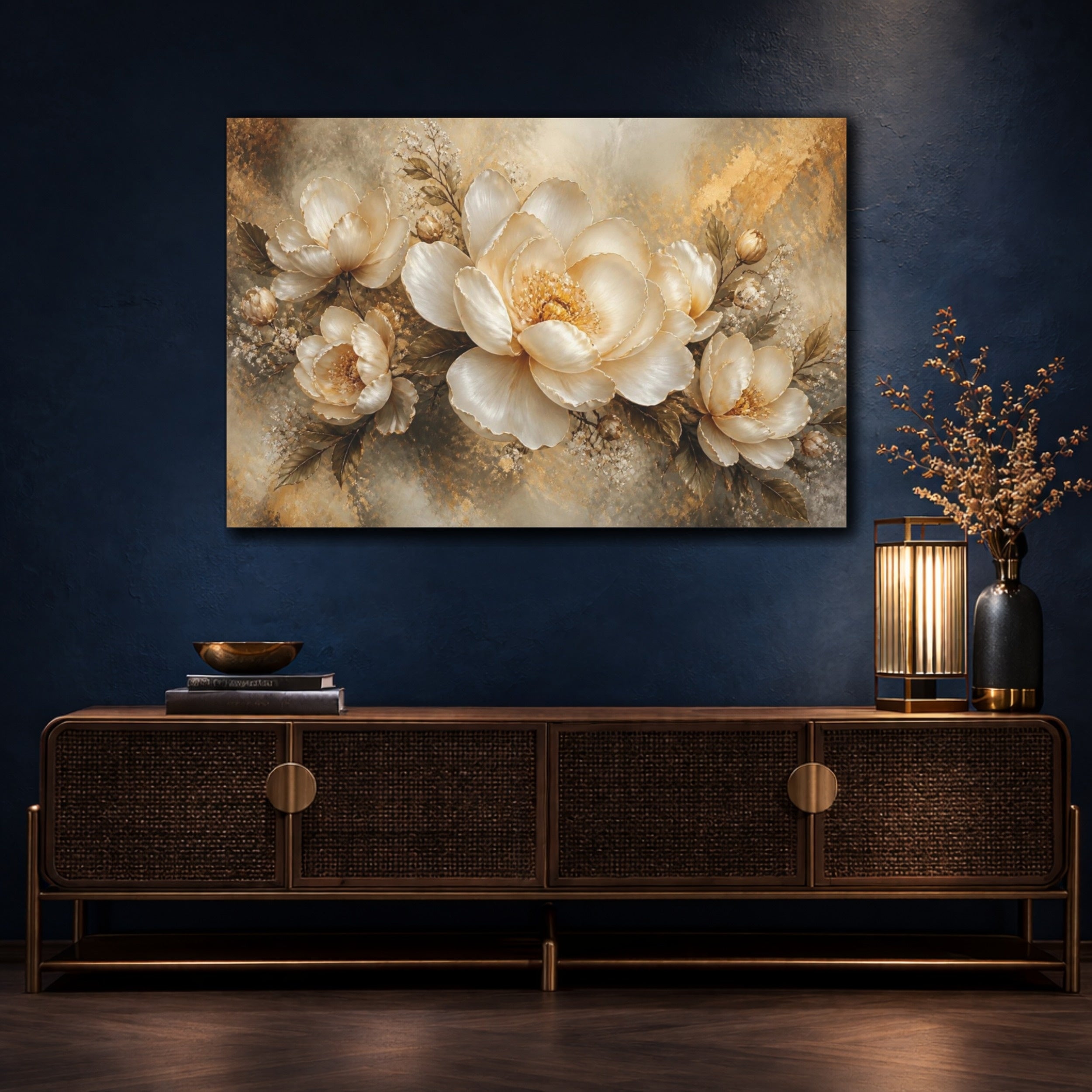 Mockup 4. Floral Golden Peony Bloom shown as canvas print
