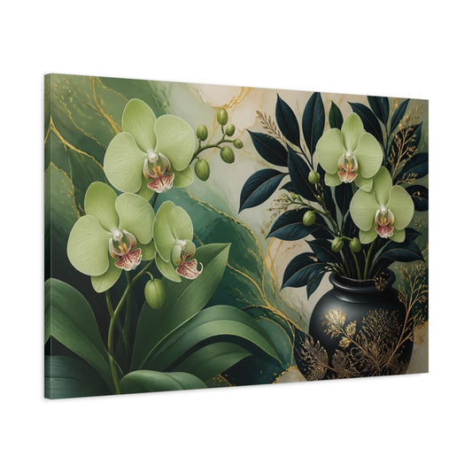Main Mockup. Floral Green Orchid Vase shown as canvas print