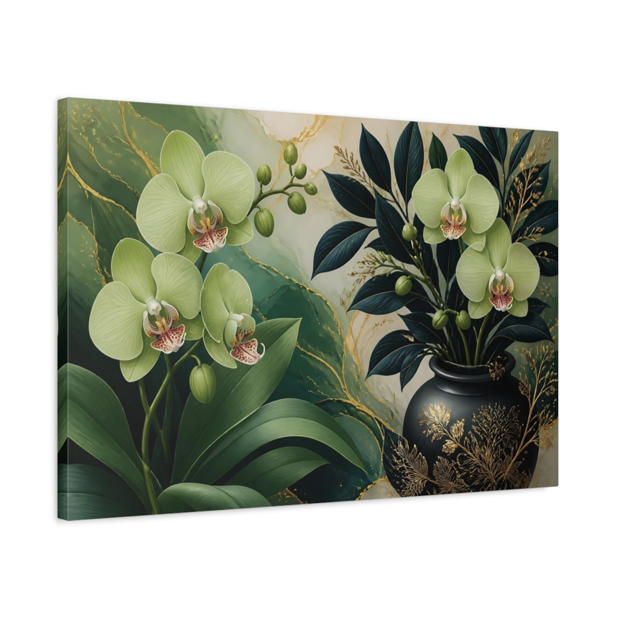 Side Mockup 2. Floral Green Orchid Vase shown as canvas print