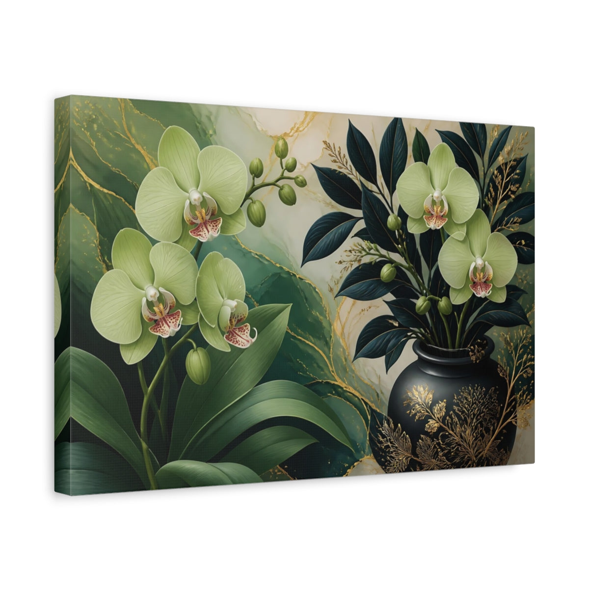 Side Mockup 4. Floral Green Orchid Vase shown as canvas print