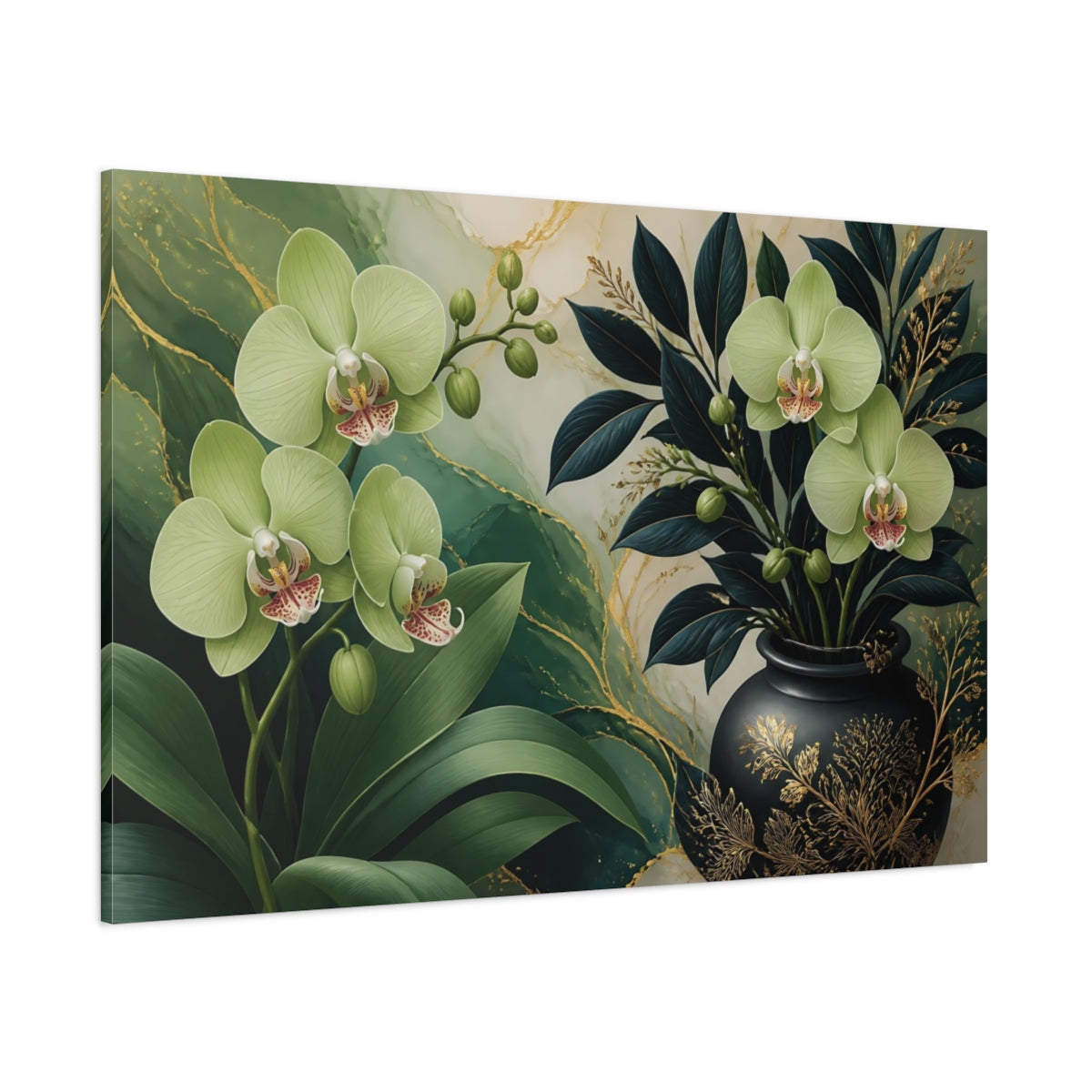 Side Mockup 1. Floral Green Orchid Vase shown as canvas print