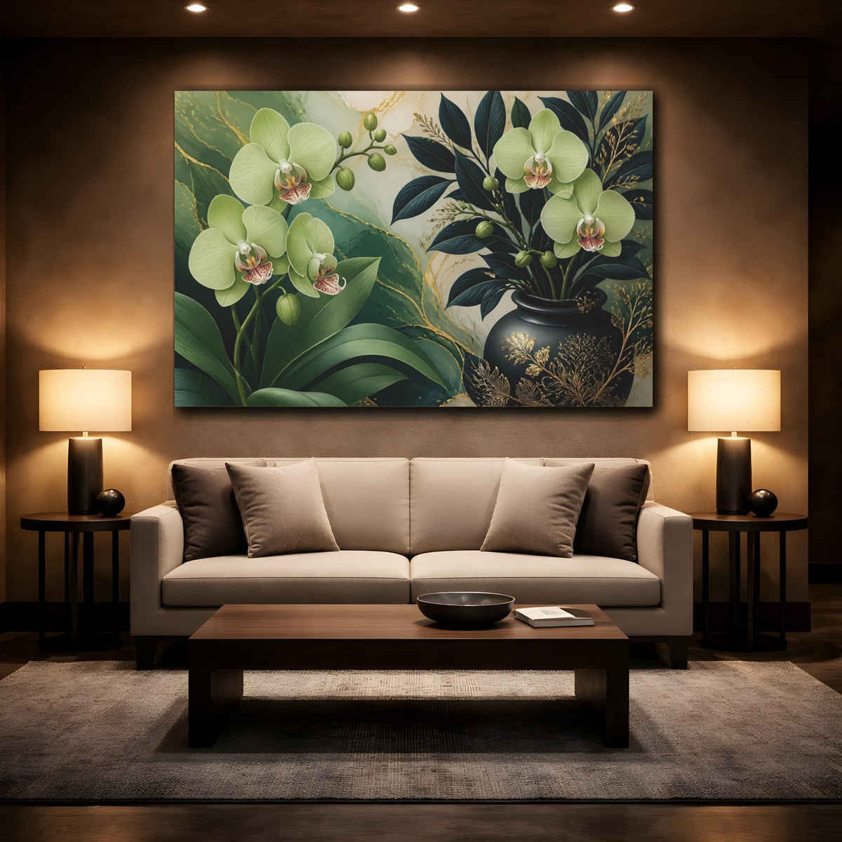 Mockup 2. Floral Green Orchid Vase shown as canvas print