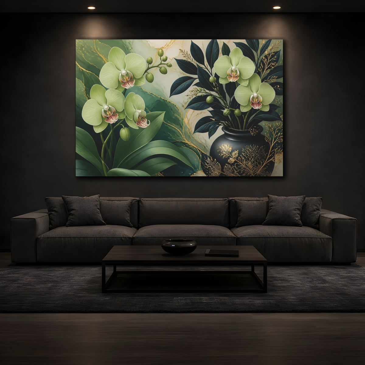 Mockup 3. Floral Green Orchid Vase shown as canvas print