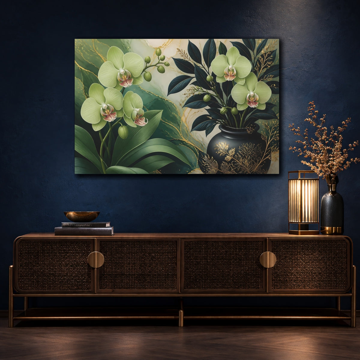 Mockup 4. Floral Green Orchid Vase shown as canvas print