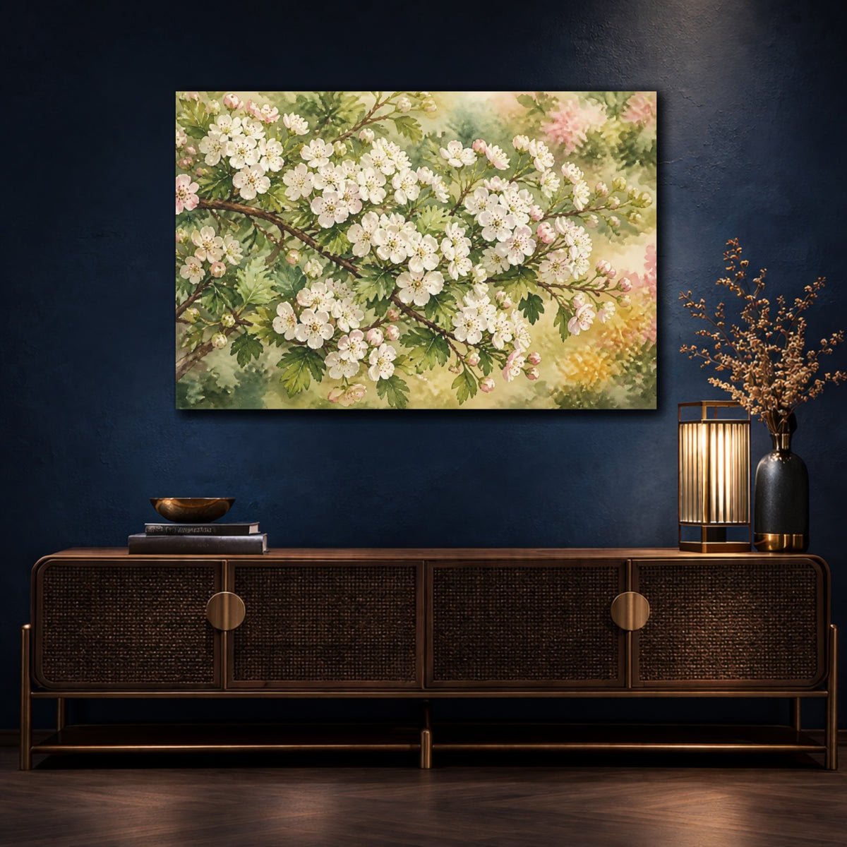 Mockup 4. Floral Hawthorn Branch shown as canvas print