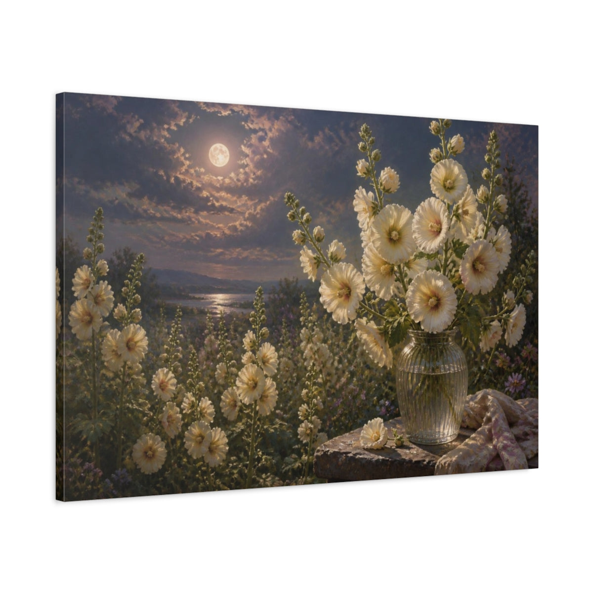 Main Mockup. Floral Hollyhocks In Moonlight shown as canvas print