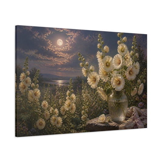 Main Mockup. Floral Hollyhocks In Moonlight shown as canvas print
