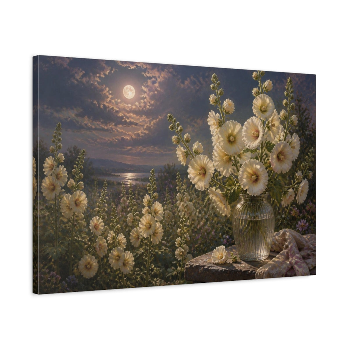 Side Mockup 2. Floral Hollyhocks In Moonlight shown as canvas print