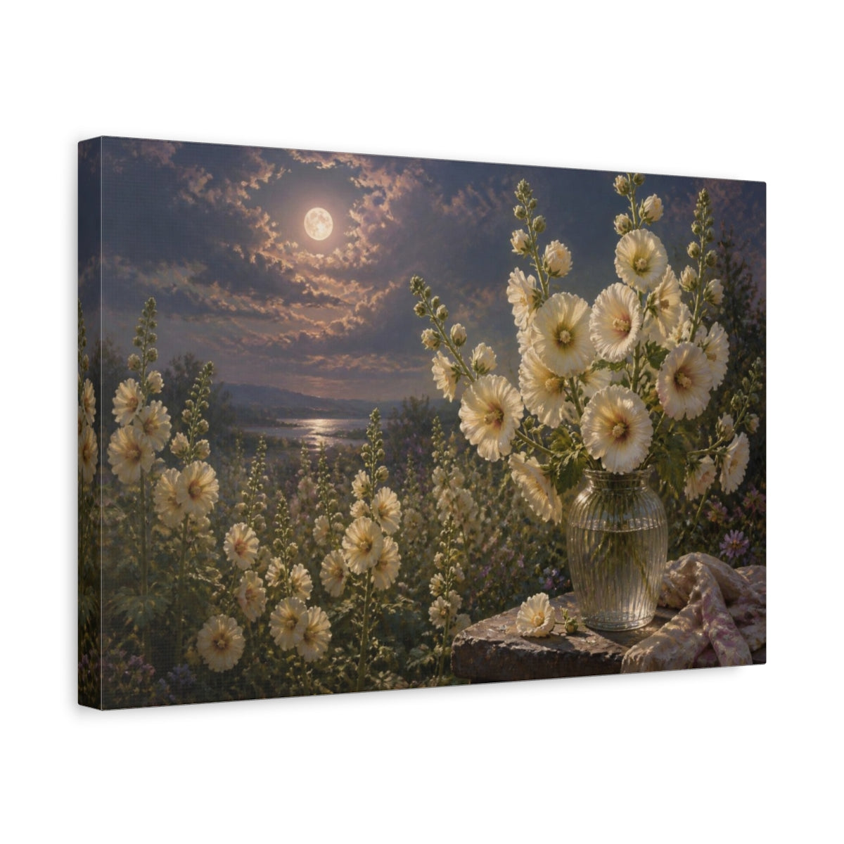 Side Mockup 4. Floral Hollyhocks In Moonlight shown as canvas print