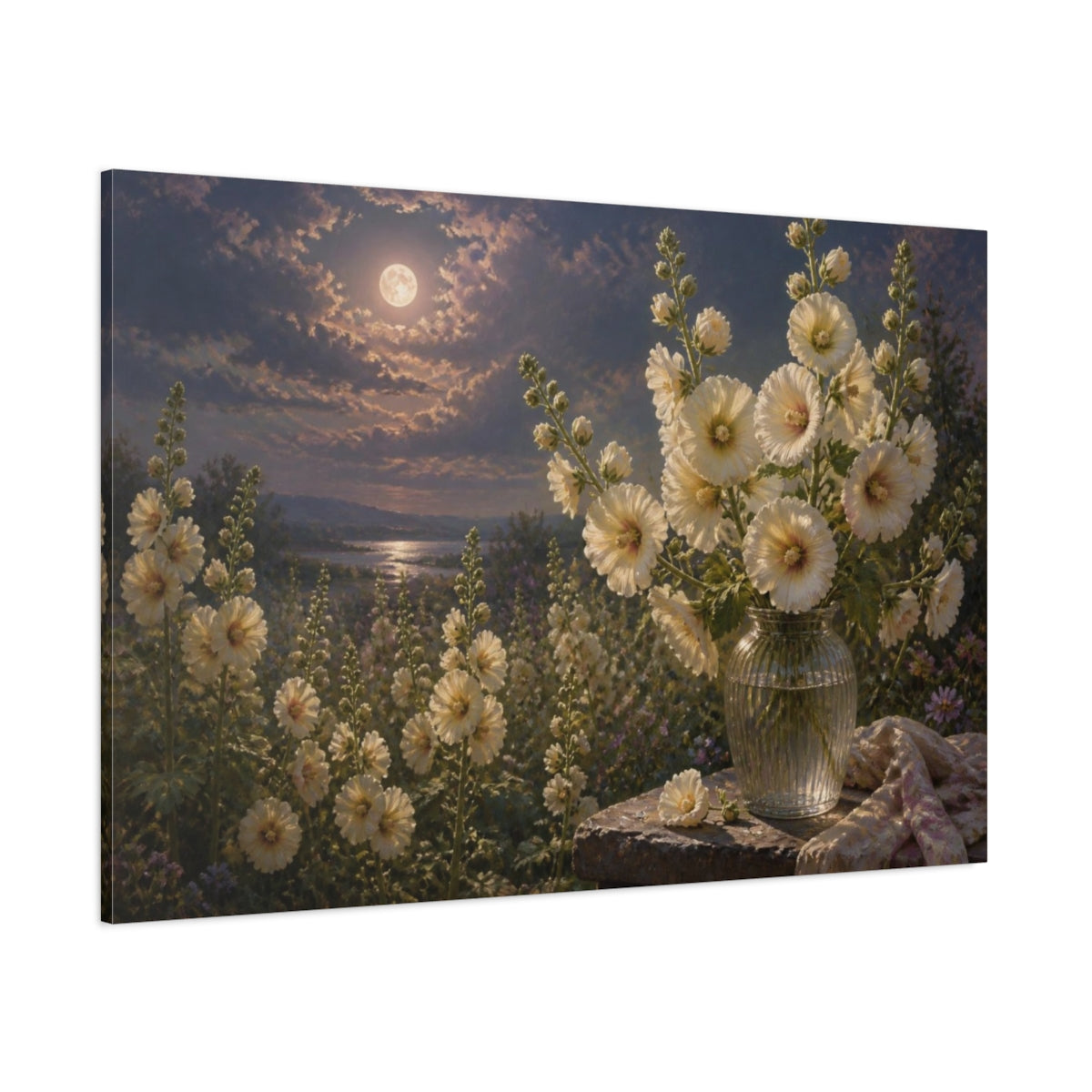 Side Mockup 1. Floral Hollyhocks In Moonlight shown as canvas print