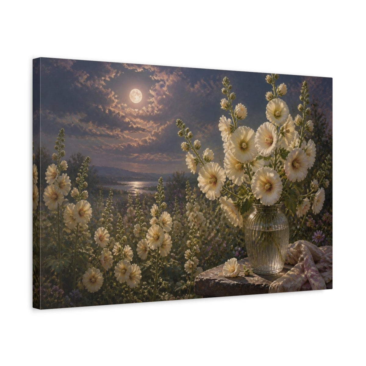 Side Mockup 3. Floral Hollyhocks In Moonlight shown as canvas print