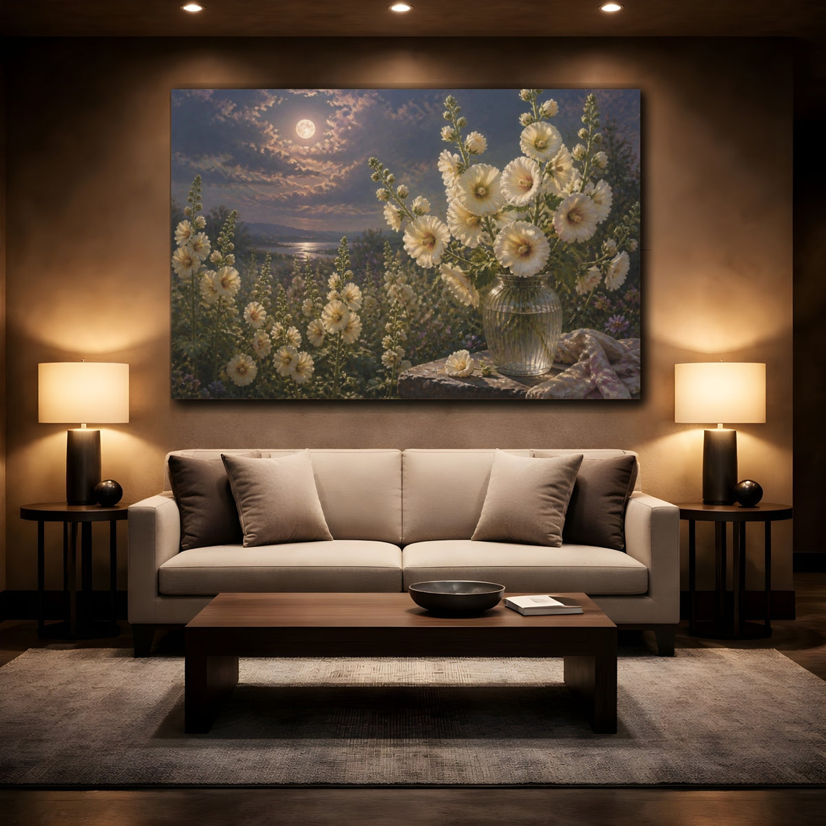 Mockup 2. Floral Hollyhocks In Moonlight shown as canvas print
