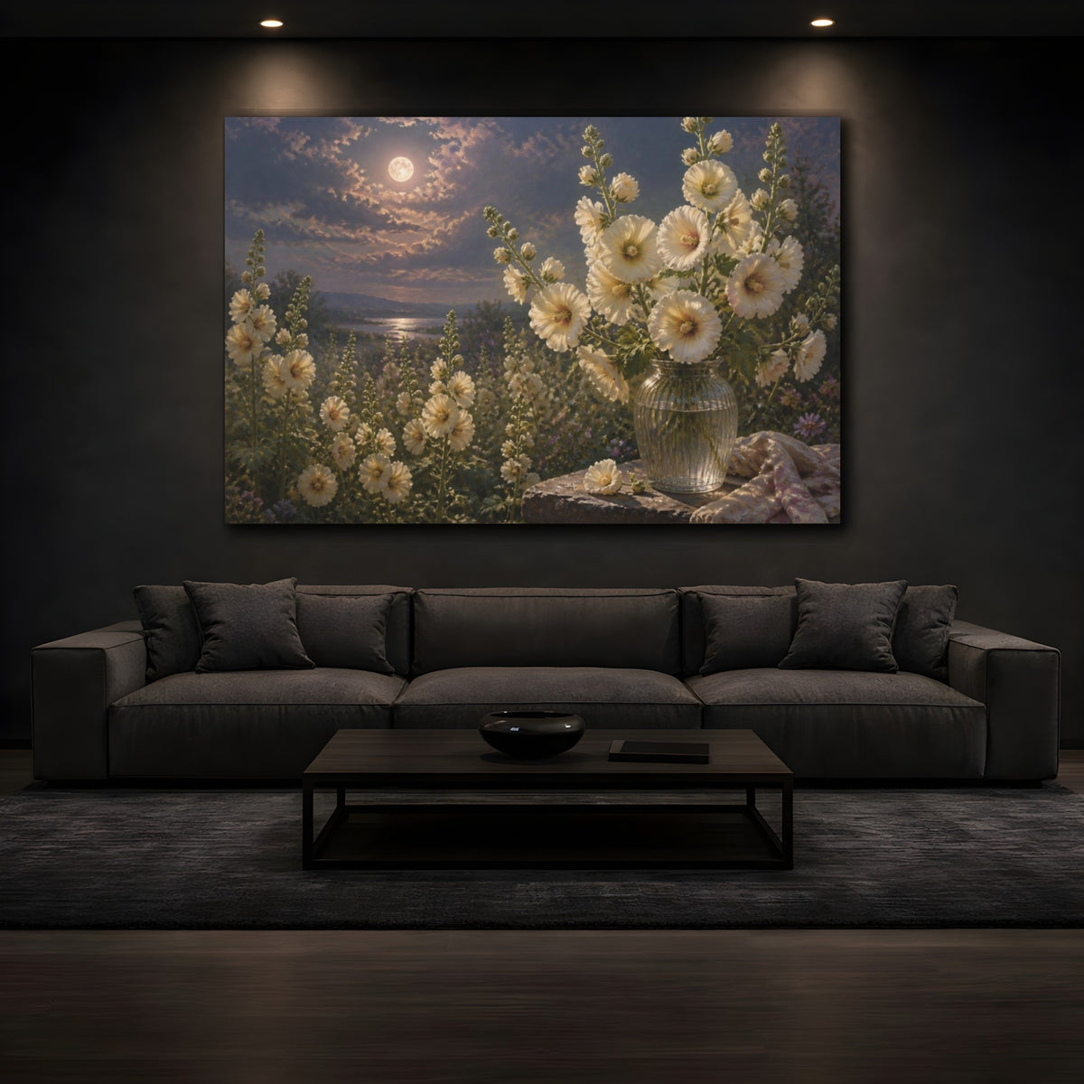 Mockup 3. Floral Hollyhocks In Moonlight shown as canvas print
