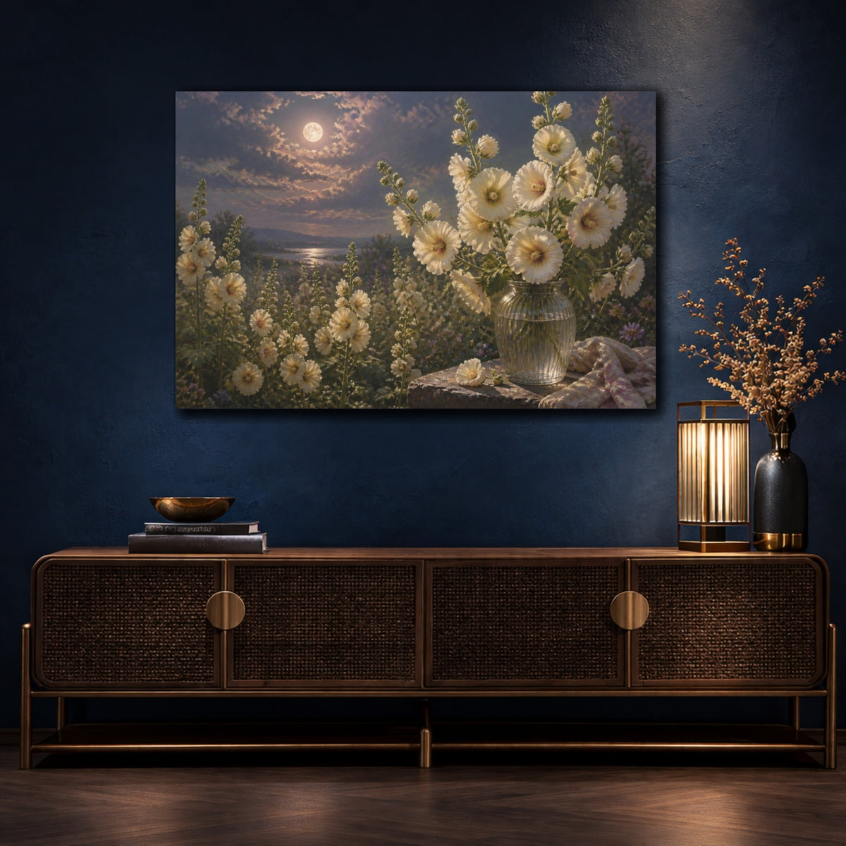 Mockup 4. Floral Hollyhocks In Moonlight shown as canvas print