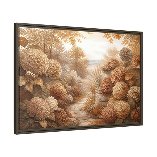 Main Mockup. Floral Hydrangea Garden Path shown as framed canvas print