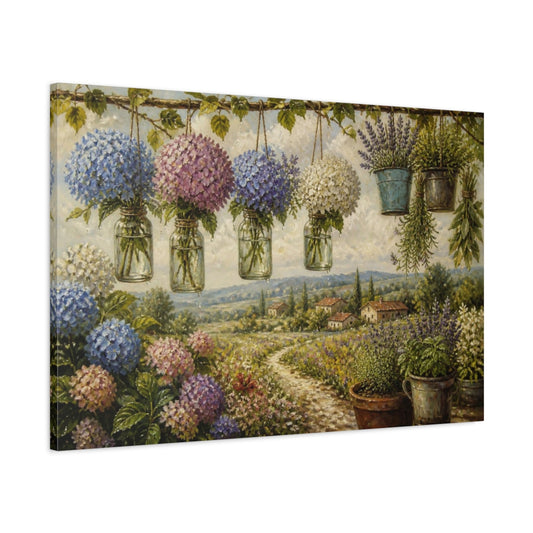 Main Mockup. Floral Hydrangea Hanging Jars shown as canvas print