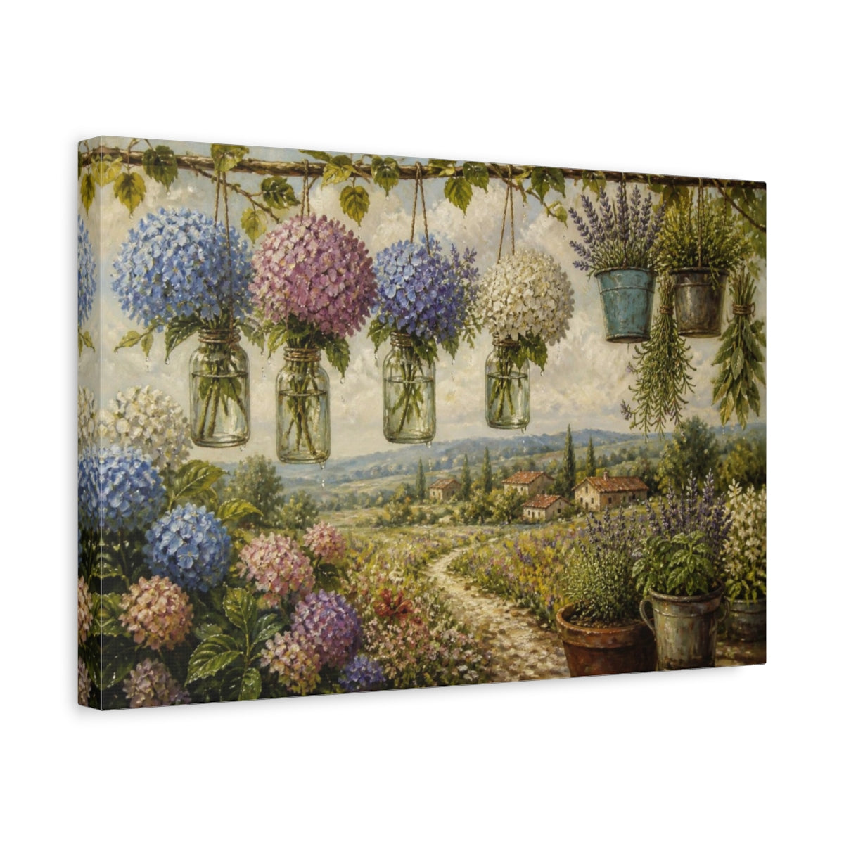 Side Mockup 4. Floral Hydrangea Hanging Jars shown as canvas print