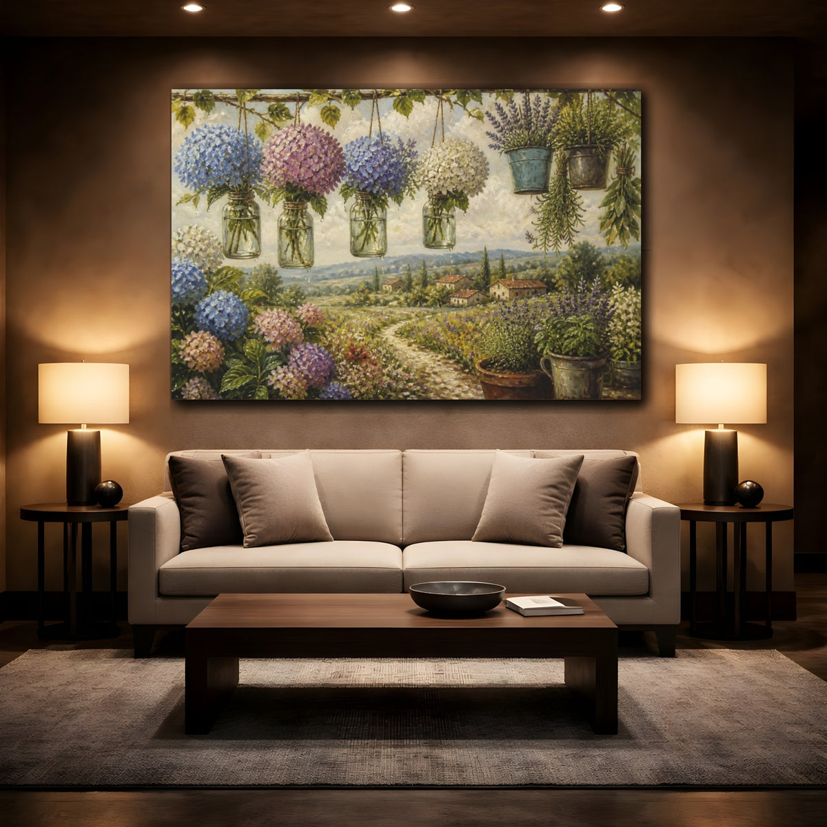 Mockup 2. Floral Hydrangea Hanging Jars shown as canvas print