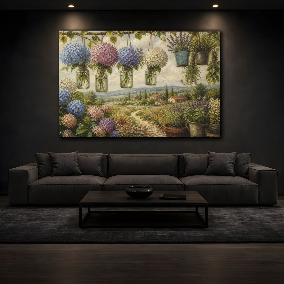 Mockup 3. Floral Hydrangea Hanging Jars shown as canvas print