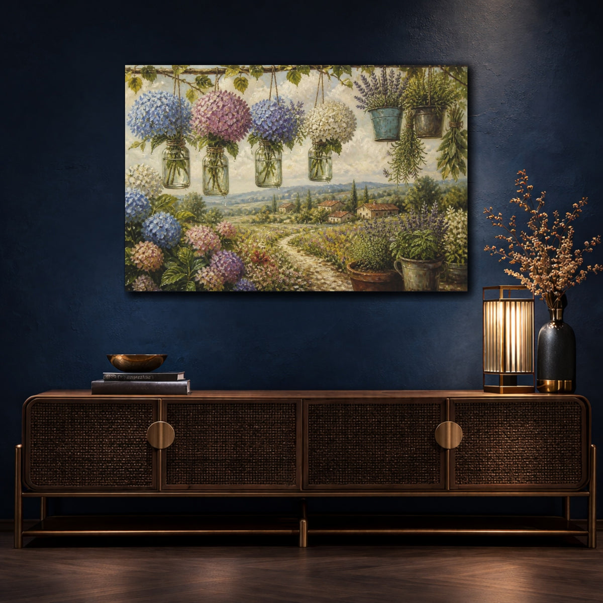 Mockup 4. Floral Hydrangea Hanging Jars shown as canvas print