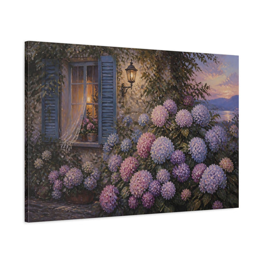 Main Mockup. Floral Hydrangeas At Twilight shown as canvas print