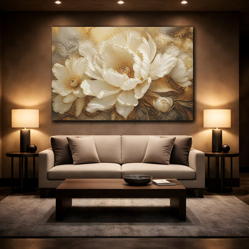 Mockup 2. Floral Ivory Peony Bloom shown as canvas print