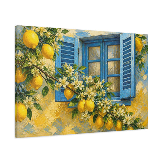 Main Mockup. Floral Lemon Window shown as canvas print