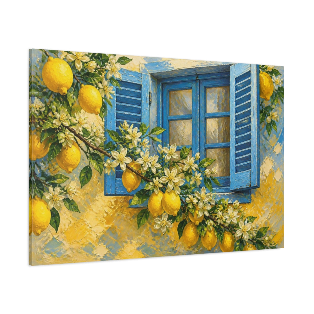 Side Mockup 1. Floral Lemon Window shown as canvas print
