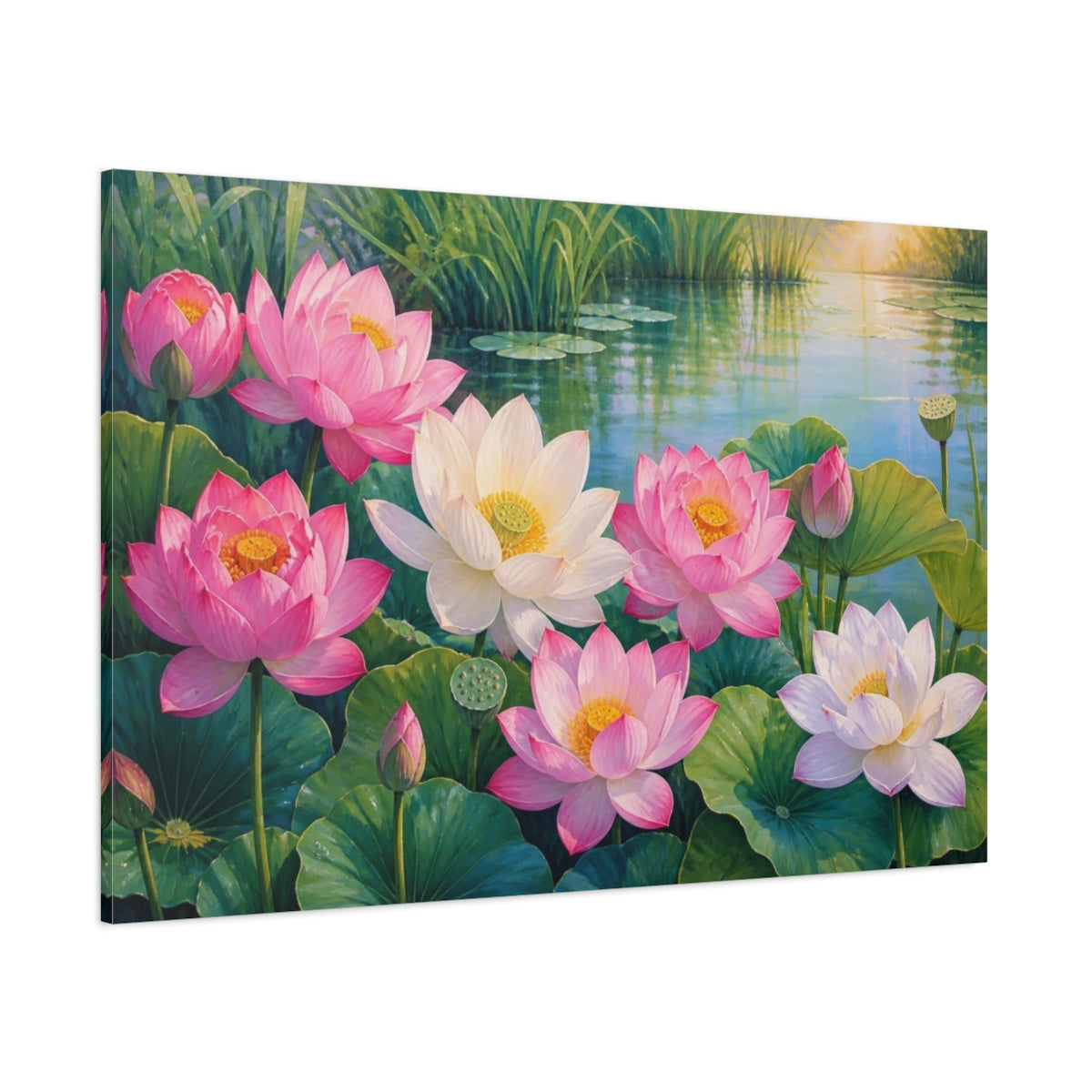 Side Mockup 1. Floral Lotus Pond shown as canvas print
