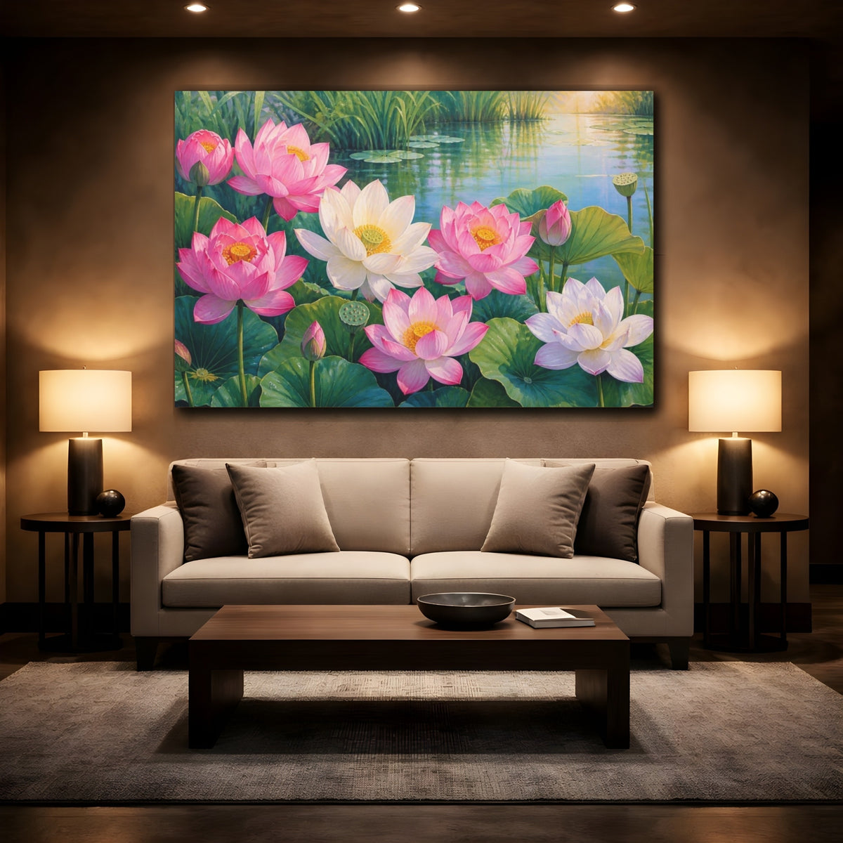 Mockup 2. Floral Lotus Pond shown as canvas print