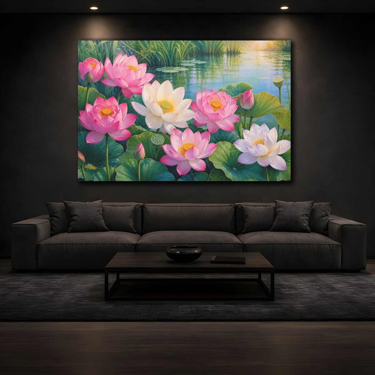 Mockup 3. Floral Lotus Pond shown as canvas print