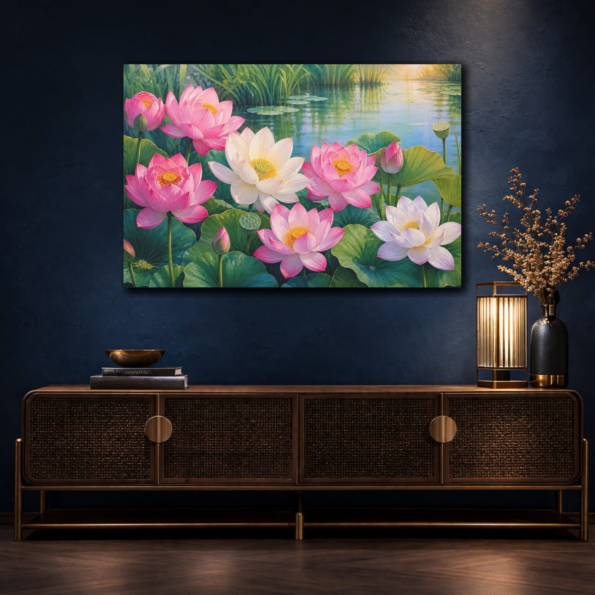 Mockup 4. Floral Lotus Pond shown as canvas print
