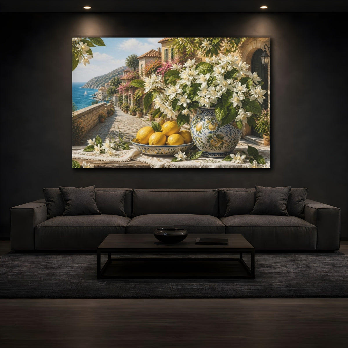 Mockup 3. Floral Orange Blossoms & Lemons shown as canvas print