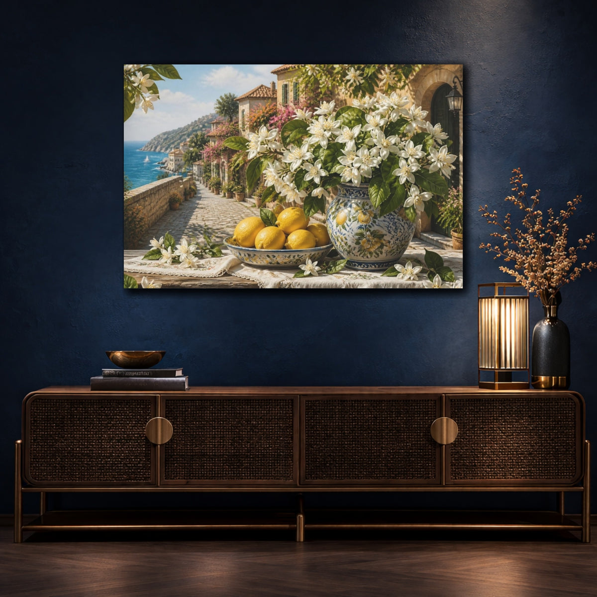 Mockup 4. Floral Orange Blossoms & Lemons shown as canvas print