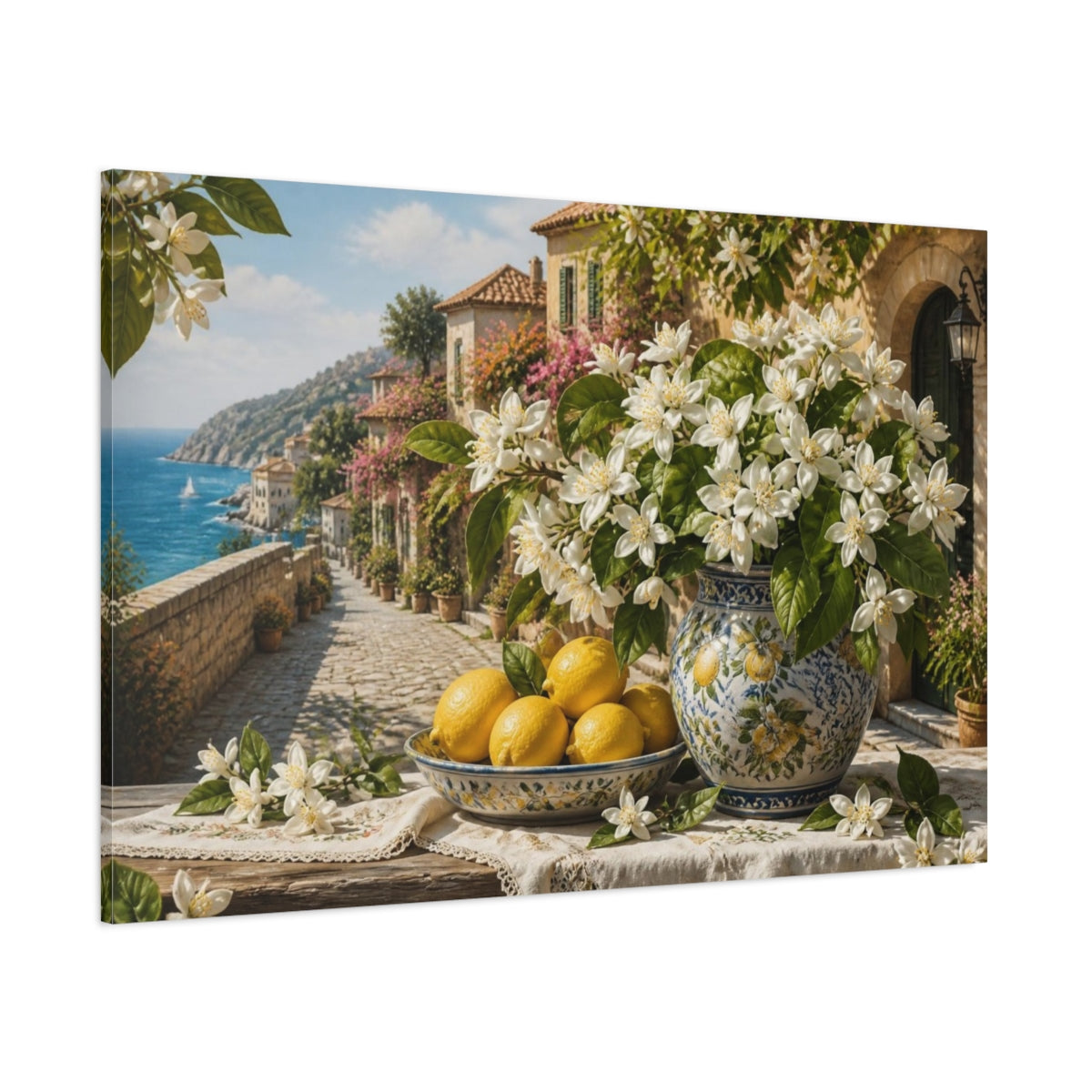 Side Mockup 1. Floral Orange Blossoms & Lemons shown as canvas print
