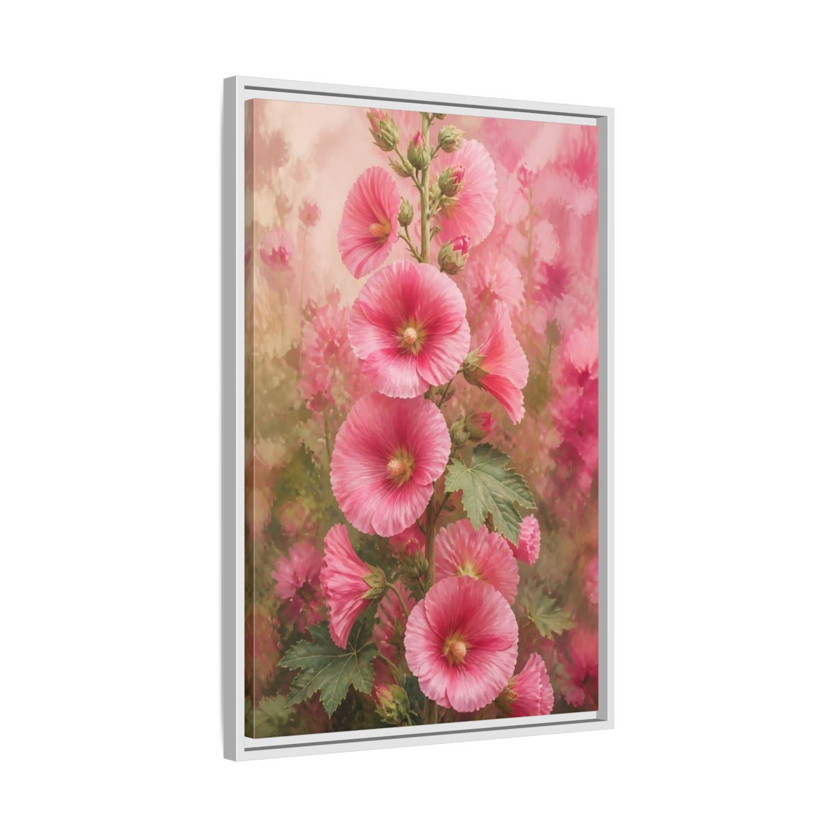 Side Mockup 10. Floral Pink Hollyhock Stem shown as framed canvas print