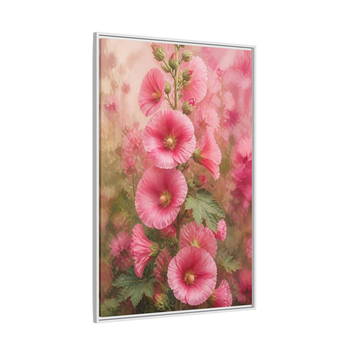 Side Mockup 7. Floral Pink Hollyhock Stem shown as framed canvas print